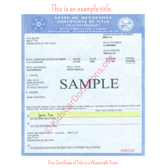 This is an Example of Minnesota Prior Certificate of Title to a Watercraft - Front | Kids Car Donations